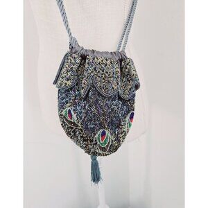 Peacock Beaded Satin Pouch Purse Crossbody Tapestry Strap Vintage Inspired Bird